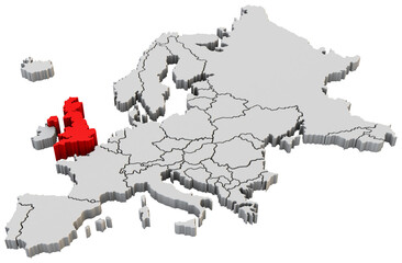 Europe map 3d render isolated with Red United Kingdom a European country
