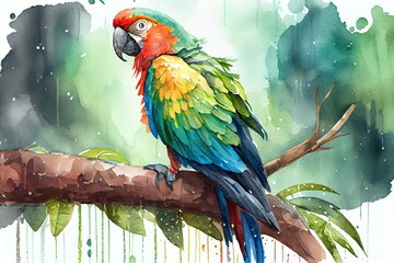 Watercolor Illustration of a Beautiful Colorful Parrot Resting On A Rainy Day In The Amazon Jungle. Exotic Parrot Perched On A Trunk In The Jungle, Illustration. Generative AI