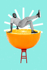 Fototapeta Vertical collage picture of mini black white effect overjoyed guy breakdance huge half orange fruit little chair isolated on creative background obraz
