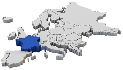 Europe map 3d render isolated with Blue France a European country