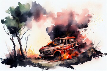 Watercolor Illustration of a Car On Fire In The Middle Of Nowhere Art. Generative AI