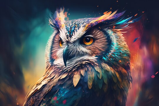 Watercolor painting of owl in style of colorful abstract art. Admirable Generative AI image