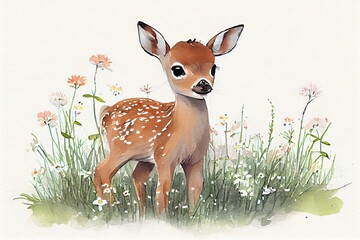 Watercolor Illustration of a Cute Cartoon Baby Deer In A Spring Meadow ( ). Generative AI