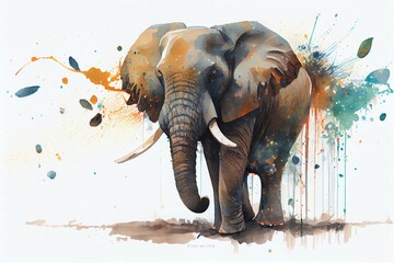 Watercolor Illustration of a Elephant With Paint Splatters All Over It. Generative AI