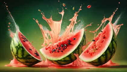 Three fresh watermelon slices with explosions of juice. Product shot.