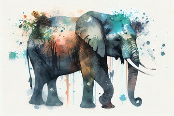 Watercolor Illustration of a Elephant With Paint Splatters All Over It. Generative AI