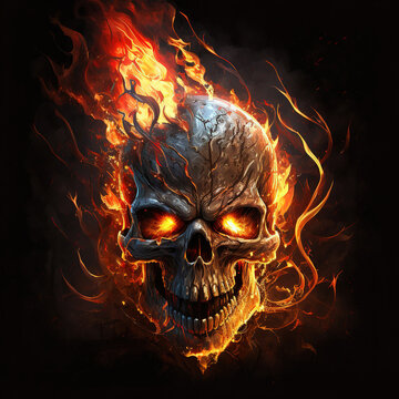 flaming skull, hellfire, fantasy art  illustration 