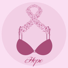 an illustration of pink bra with pink ribbon for breast cancer prevention