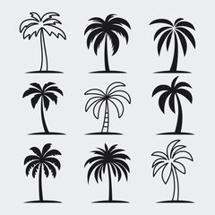 Fototapeta na wymiar Vector Palm Trees, Palm Tree Icon Set Isolated. Palm Silhouettes. Design Template for Tropical, Vacation, Beach, Summer Concept. Vector Illustration. Front View