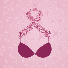 an illustration of pink bra with pink ribbon for breast cancer prevention