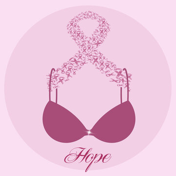 an illustration of pink bra with pink ribbon for breast cancer prevention