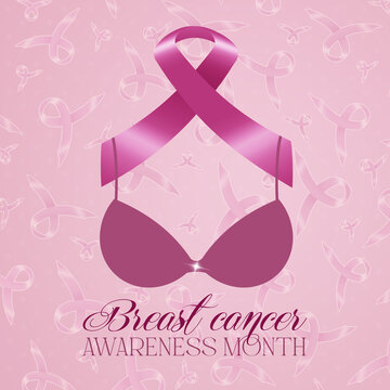 an illustration of pink bra with pink ribbon for breast cancer prevention