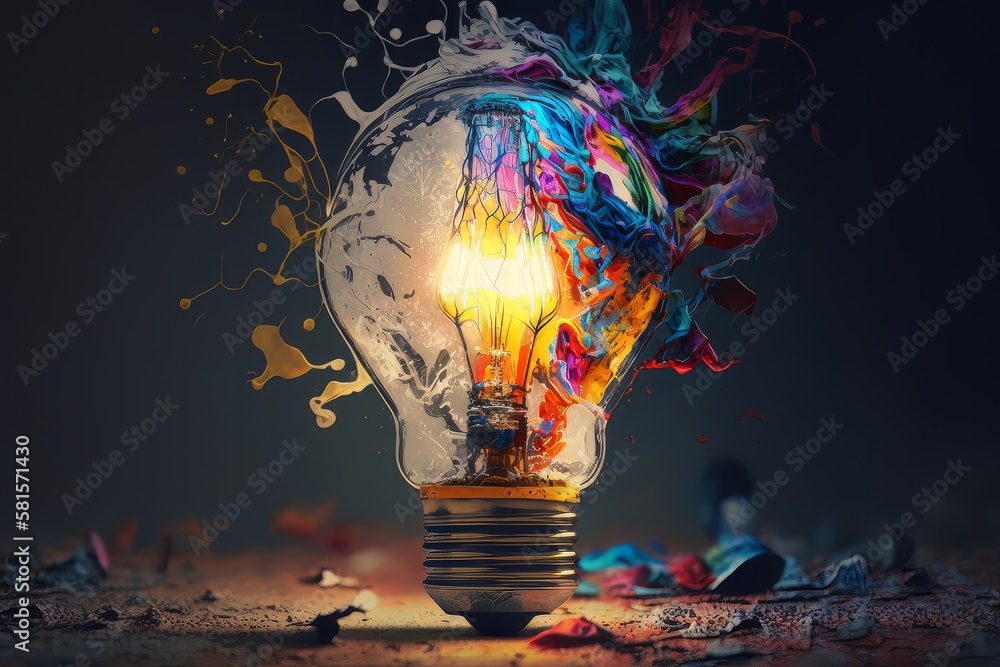 Aufkleber colorful bulb lamp. light bulb explodes with colorful paint and splashes isolated on black. colours 