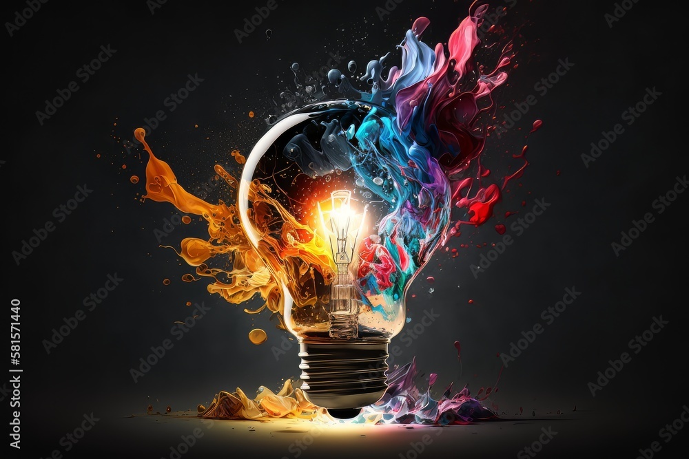 Poster Colorful bulb lamp. Light bulb explodes with colorful paint and splashes isolated on black. Colours of life. Generative AI