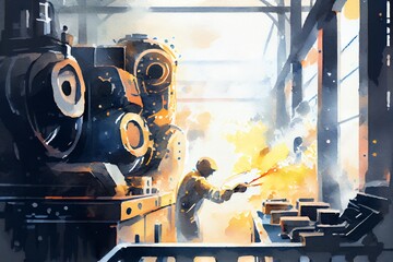 Watercolor Illustration of a Hand Of Robot Working Steel Welding Building Electronic Machine In Factory. Generative AI