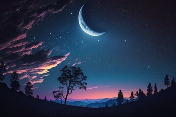 A beautiful, clear night sky with a crescent moon and stars - Generative AI