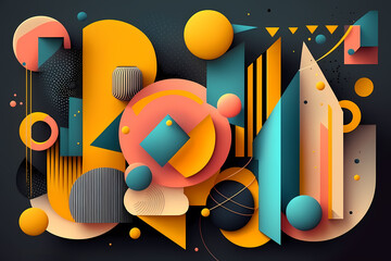 Abstract geometric background with figures and balls in Memphis style. Yellow, blue and grey trendy illustration on black background. Generative AI