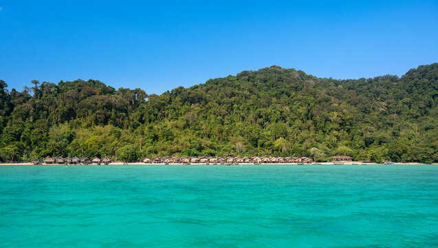 Ko Surin Marine National Park. Traditional houses of Moken tribe Village or Sea Gypsies and tropical waters of Surin Islands in Thailand, Phang Nga.