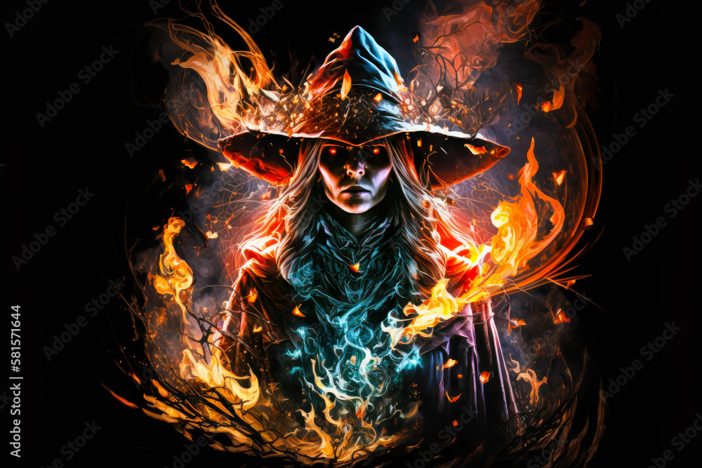 Wall mural female fire magician on black background, generative ai. fire witch portrait. female sorcerer cast f