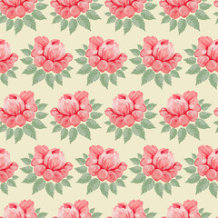 Seamless pattern with watercolor delicate pink roses and green leaves.