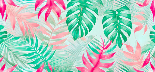 Fototapeta premium Jungle wallpaper with tropical plants. Vector. Internal painted fresco. created with the help of artificial intelligence