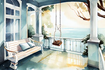 Obraz na płótnie Canvas Watercolor Illustration of a Luxury House Veranda With Hanging Swing And Sea View. Generative AI