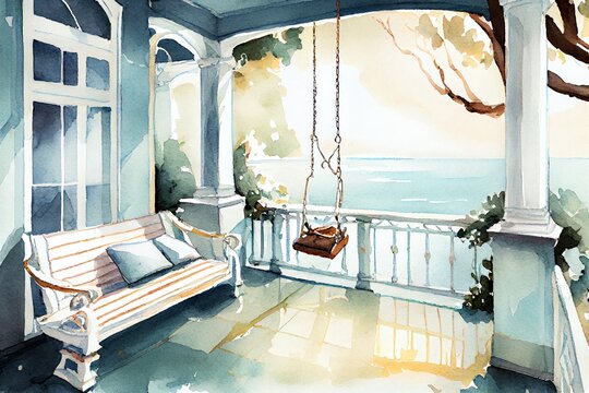 Watercolor Illustration of a Luxury House Veranda With Hanging Swing And Sea View. Generative AI