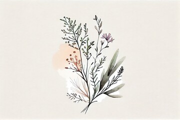 Watercolor Illustration of a Minimalistic Flower Graphic Sketch Drawing, Trendy Tiny Tattoo Design, Floral Botanic Elements Minimal Illustration. Generative AI