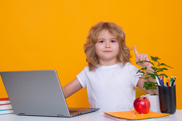 School child using laptop computer. Child from elementary school with book. Little student, clever...