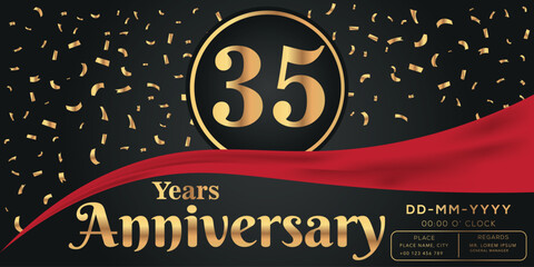 35th years anniversary celebration logo on dark background with golden numbers and golden abstract confetti vector design  