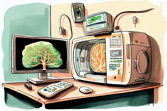 Watercolor Illustration of a Modern And Functioning Medical Screening Technology At Room With Mri Equipment. Generative AI