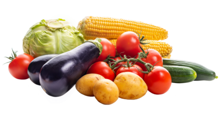 PNG, Ripe vegetables: potatoes, cabbage, tomatoes, corn, cucumbers and eggplants. Isolate