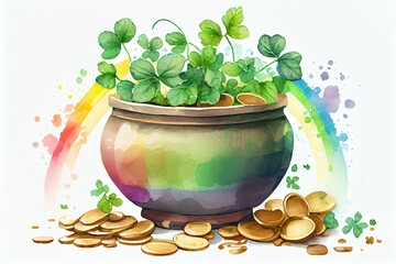 Watercolor Illustration of a Pot Of Gold Coins, Clover Leaves And Rainbow. St. PatrickS Day Concept. Illustration. Generative AI