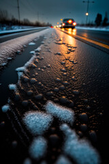 ice snow on highway or road, dangerous winter driving pattern in early morning, evening or night. Generative AI,