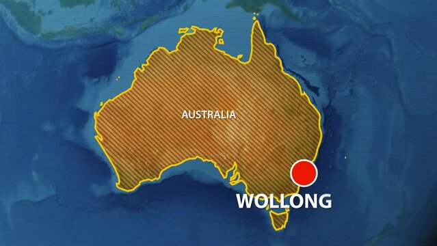 Designation Of The Borders Of Australia On The Map And The Mark Of The Location Of The City Of Wollongong