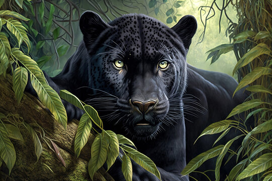 Panther lies on tree in jungle, face of wild black jaguar, illustration, generative AI.