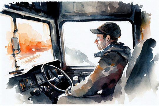 Watercolor Illustration of a The Driver Of An Obsolete Shunting Freight Train Drives A Locomotive, Inside View. Generative AI