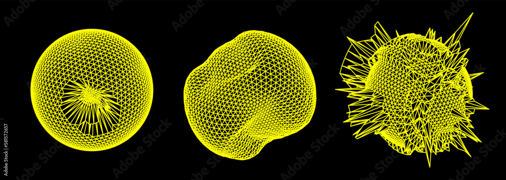 Fototapete distorted spheres and blobs made of mesh. set of abstract vector 3d shapes for cover or poster desig
