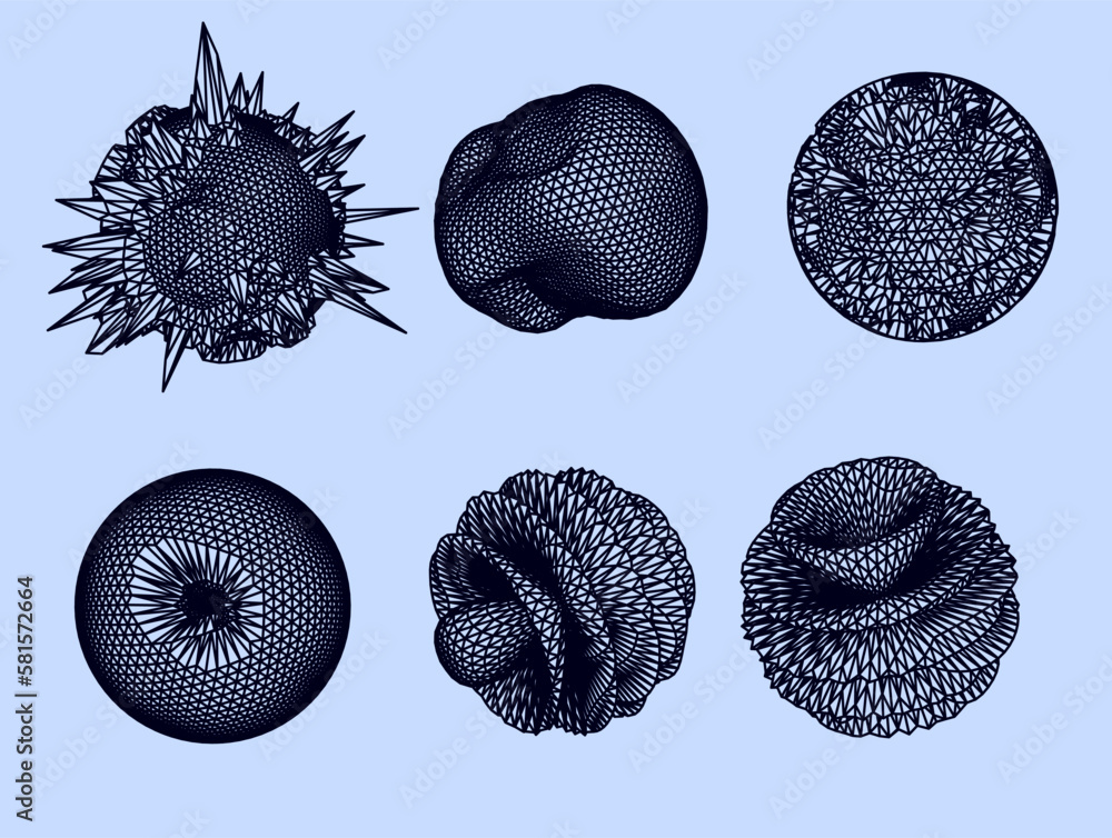 Fototapete Distorted spheres and blobs made of mesh.  Set of abstract vector 3D shapes for cover or poster design. 