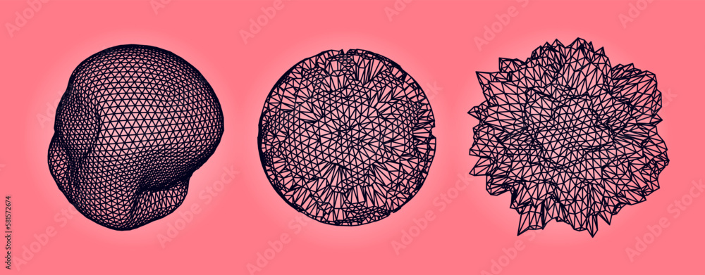 Fototapete distorted spheres and blobs made of mesh. set of abstract vector 3d shapes for cover or poster desig