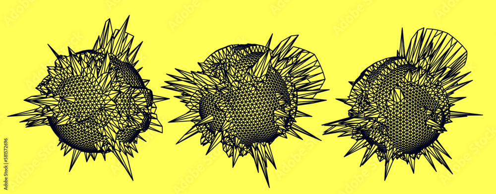 Fototapete distorted spheres and blobs made of mesh. set of abstract vector 3d shapes for cover or poster desig