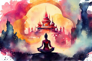 Watercolor Illustration of a Yoga In The Lotus Position On Beautiful Fantasy Colorful Background. Generative AI