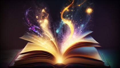 Mystery open book with shining pages. Fantasy book with magic light sparkles and stars.