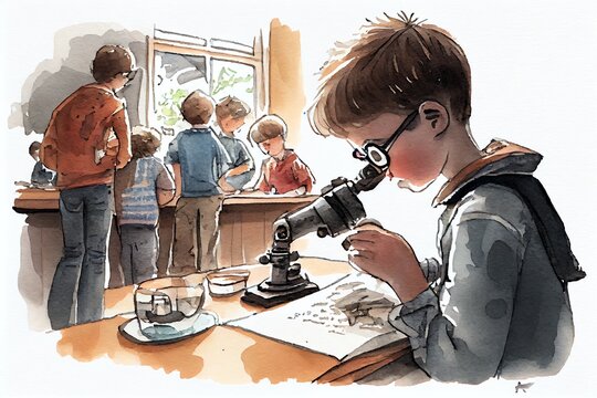 Watercolor Illustration of a A Teenager Or Child In Class With A Microscope And A School Class. Generative AI