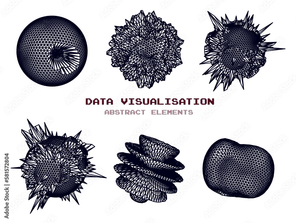 Fototapete distorted spheres and blobs made of mesh. set of abstract vector 3d shapes for cover or poster desig