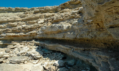 Steep karst limestone shores and rocks in the Dzhangul tract, western Crimea, Tarkhankut