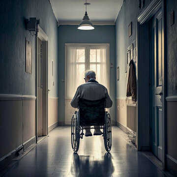 Alter Mann sitzt einsam im Rollstuhl