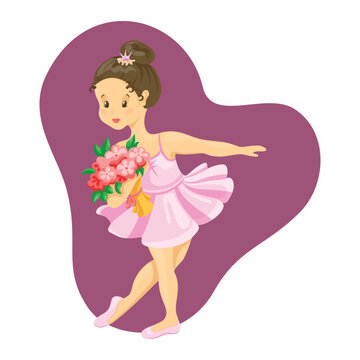 Girl ballerina in a curtsey with a bouquet of flowers - cartoon children's vector illustration on the theme of ballet, dance, creativity, theater