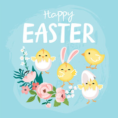 Happy Easter poster with chickens.Cheerful characters in eggshell, rabbit ears, flower bouquet and hand written text.Pastel pink and yellow on light blue background.Vector flat cartoon illustration.
