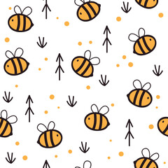 Seamless pattern with cute cartoon bee. Vector illustration on white background. It can be used for wallpapers, wrapping, cards, patterns for clothes and other.